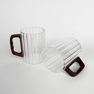 Scandinavian Fluted Glass Mugs Wooden Handle Coffee Tea Luxury Minimalist Cups